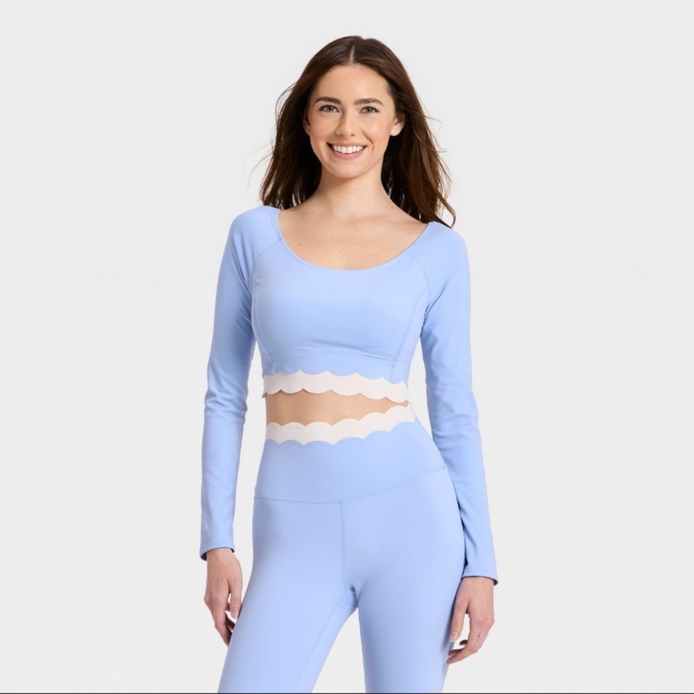 JoyLab Women's Knit Scallop Cropped Support Top Periwinkle Blue/Cream All Sizes